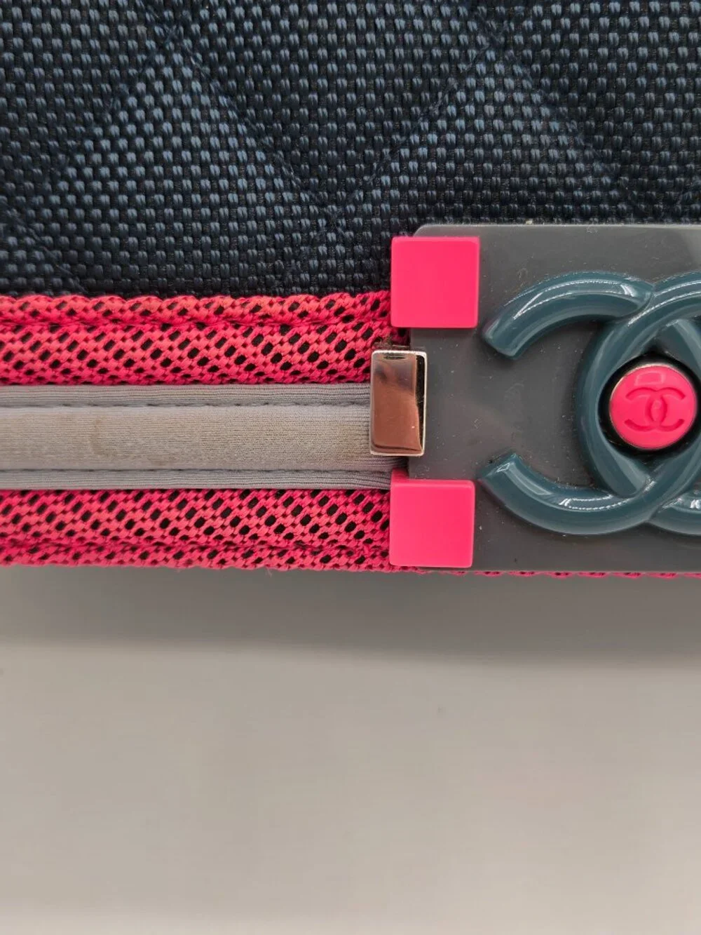 Chanel Medium Fluo Boy Flap Bag – Navy Quilted Canvas | Fuchsia & Grey Trim